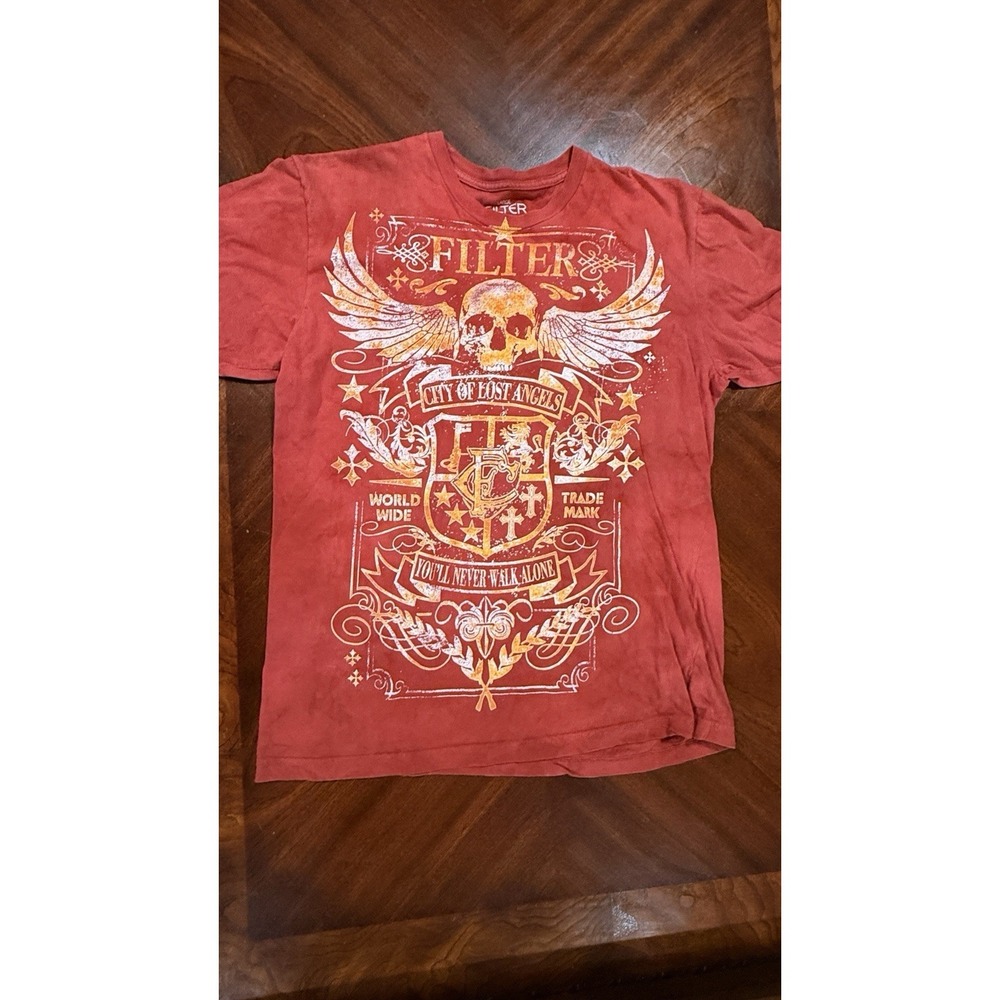 Filter City Of Lost Angels Skull Wings Tee Red Distressed Y2K Style Large